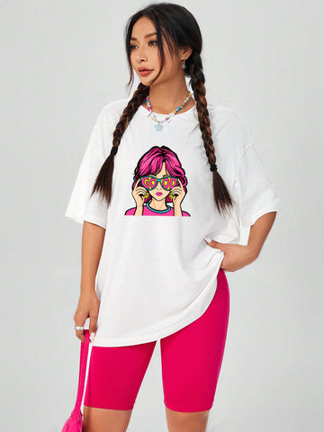 Cute And Personalized Portrait Print Round Neck Short Sleeve T-Shirt And Loose Shorts Women's Summer Two-Piece Set