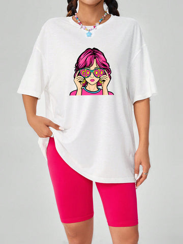 Cute And Personalized Portrait Print Round Neck Short Sleeve T-Shirt And Loose Shorts Women's Summer Two-Piece Set