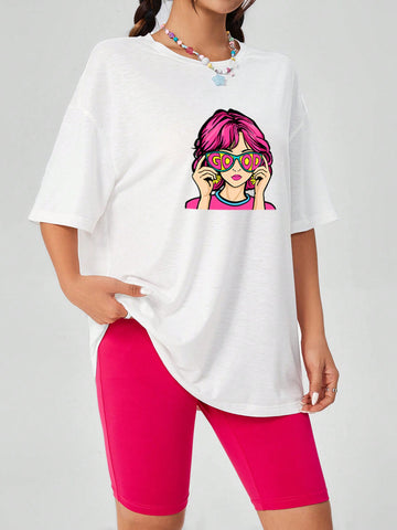 Cute And Personalized Portrait Print Round Neck Short Sleeve T-Shirt And Loose Shorts Women's Summer Two-Piece Set