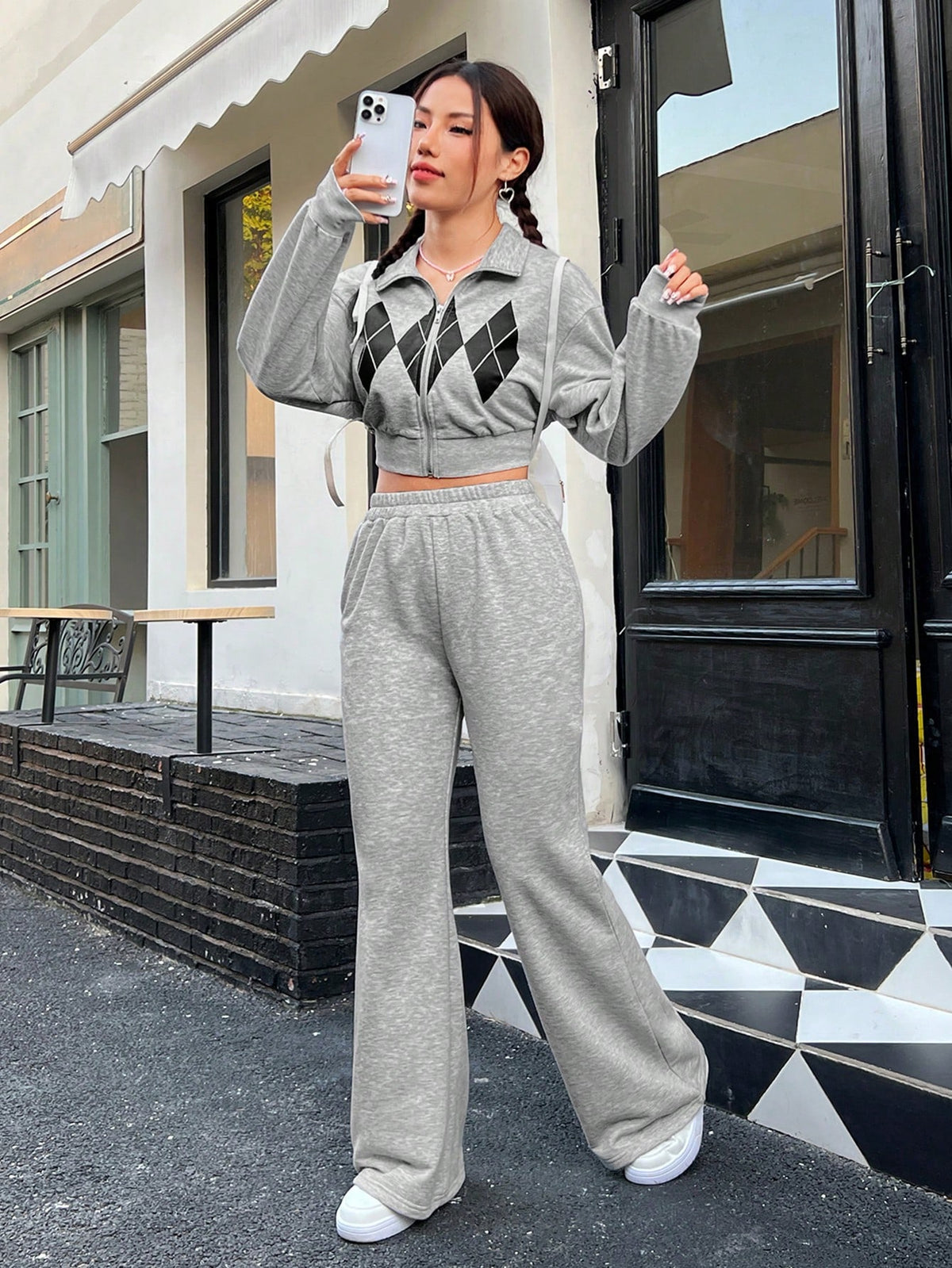 Diamond Print Zipper Crop Top And Pants Set