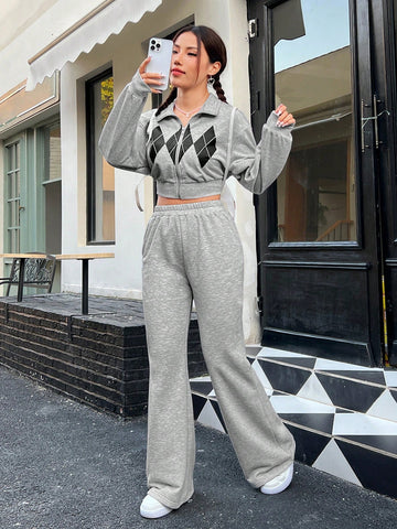 Diamond Print Zipper Crop Top And Pants Set