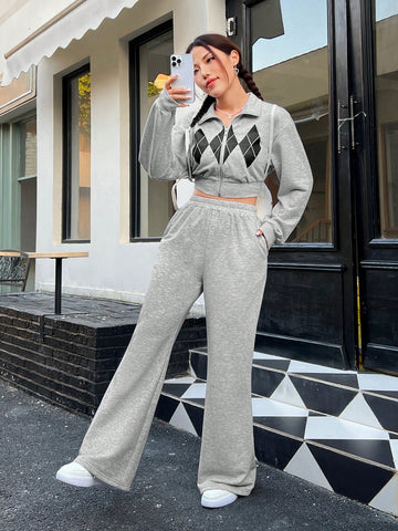 Diamond Print Zipper Crop Top And Pants Set