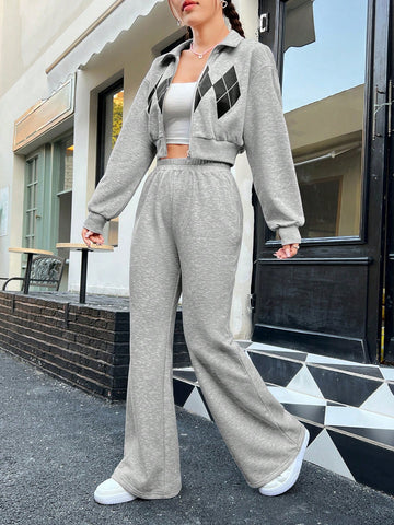 Diamond Print Zipper Crop Top And Pants Set