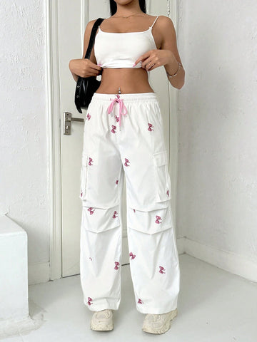 Qutie Drawstring Bow Detail Print Wide-Leg Pants With Pockets