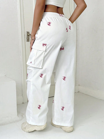 Qutie Drawstring Bow Detail Print Wide-Leg Pants With Pockets