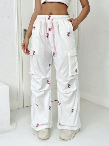 Qutie Drawstring Bow Detail Print Wide-Leg Pants With Pockets