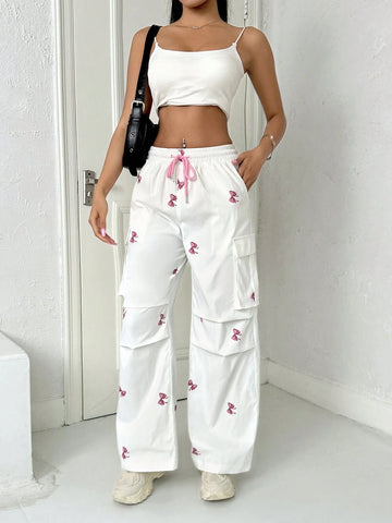 Qutie Drawstring Bow Detail Print Wide-Leg Pants With Pockets