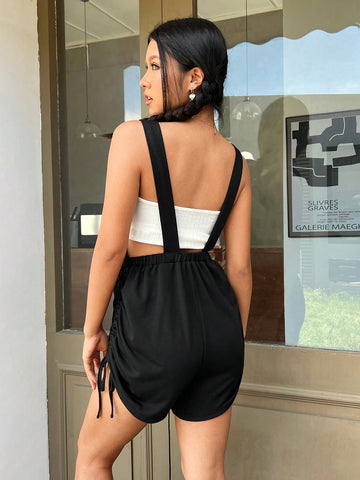 Drawstring Side Overall Romper Without Tube Top