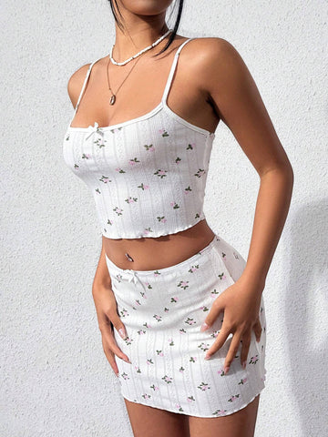 Floral Print Pressed Butterfly Bow Decorated Camisole Top And Skirt