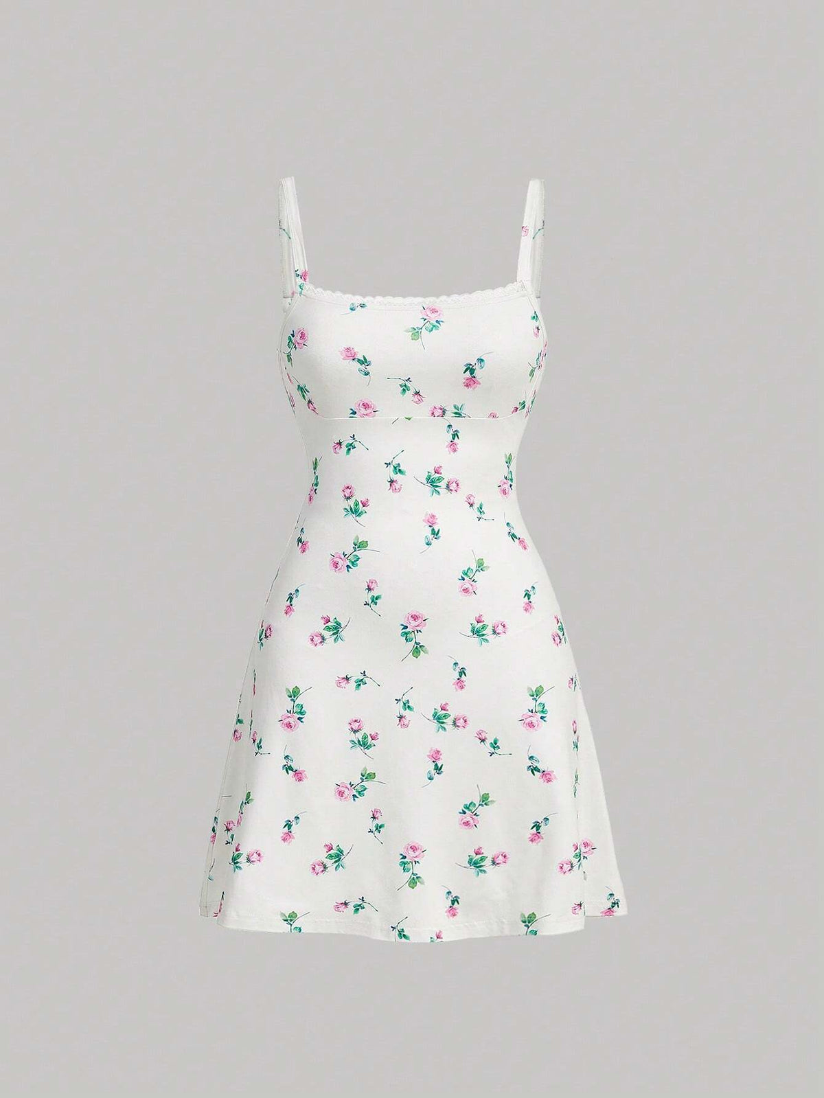 Floral Print & Lace Patchwork Slim Waist Spaghetti Strap Dress