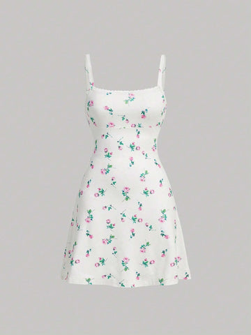 Floral Print & Lace Patchwork Slim Waist Spaghetti Strap Dress