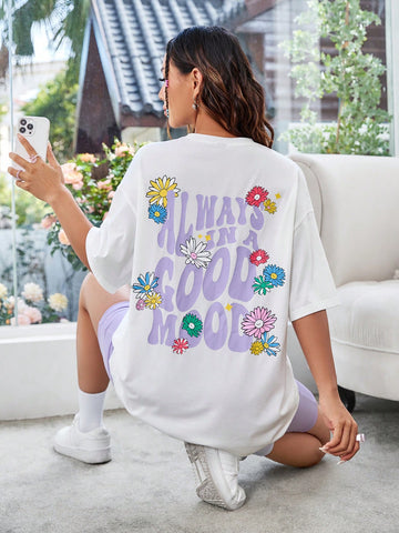 Floral & Letter Printed Top And Solid Colored Shorts Set