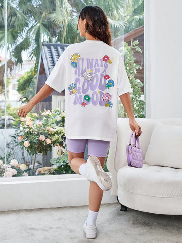 Floral & Letter Printed Top And Solid Colored Shorts Set