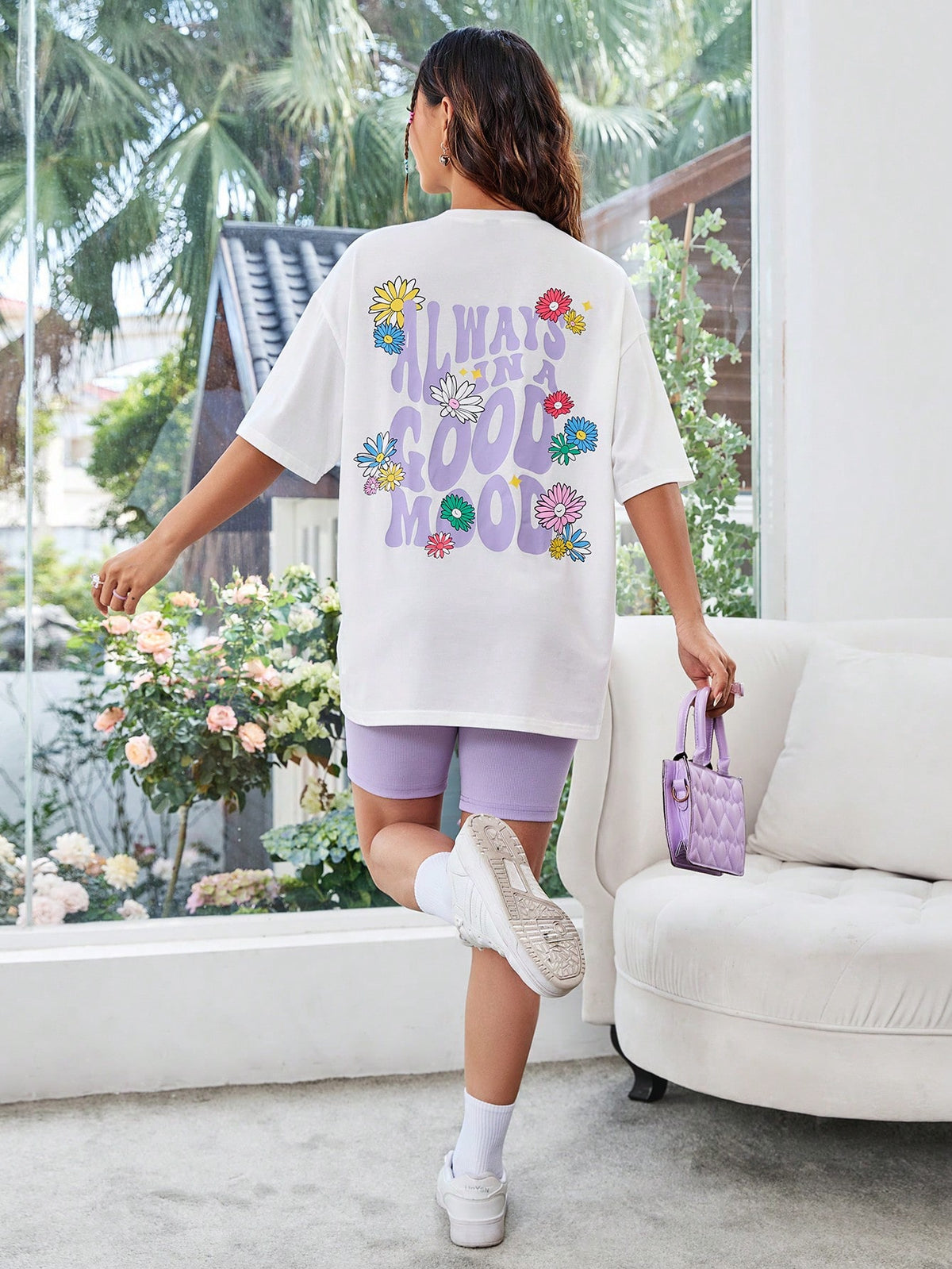 Floral & Letter Printed Top And Solid Colored Shorts Set