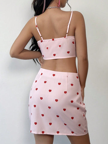 Heart Pattern Printed Pleated Cami Top & Skirt Set
