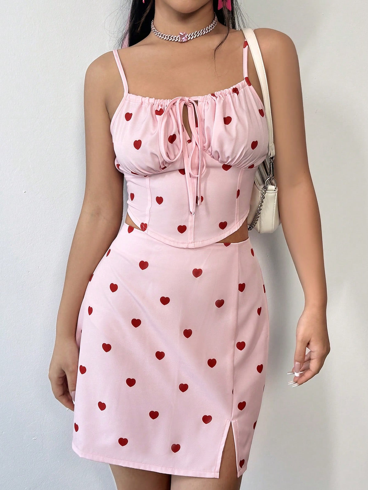 Heart Pattern Printed Pleated Cami Top & Skirt Set