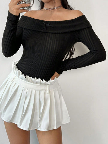 Knitted Off Shoulder Ribbed Bodysuit