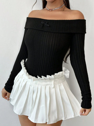 Knitted Off Shoulder Ribbed Bodysuit