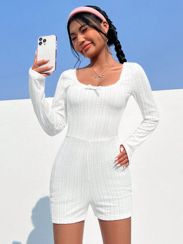 Lace Trimmed Romper With Bowknot Decor