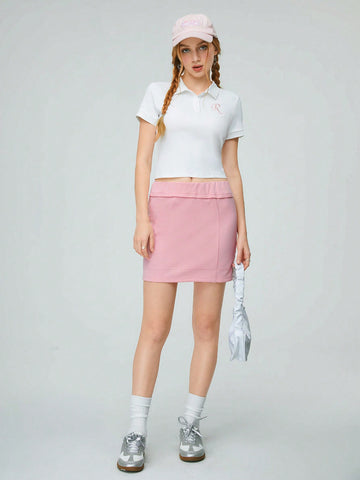 Ladies' 2pcs/Set Polo Collar Short Sleeve T-Shirt With Letter Embroidery And Skirt