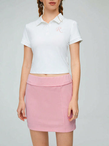 Ladies' 2pcs/Set Polo Collar Short Sleeve T-Shirt With Letter Embroidery And Skirt