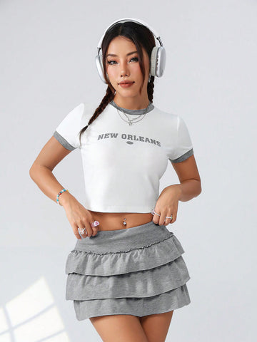 Ladies' Letter Printed Short Sleeve T-Shirt And Ruffled Hem Half Skirt Two Piece Set