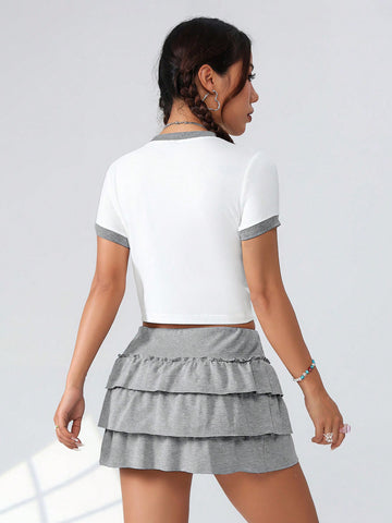 Ladies' Letter Printed Short Sleeve T-Shirt And Ruffled Hem Half Skirt Two Piece Set