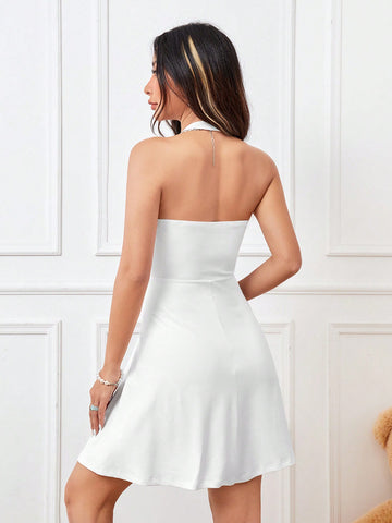 Letter And Number Printed Backless Halter Neck Dress