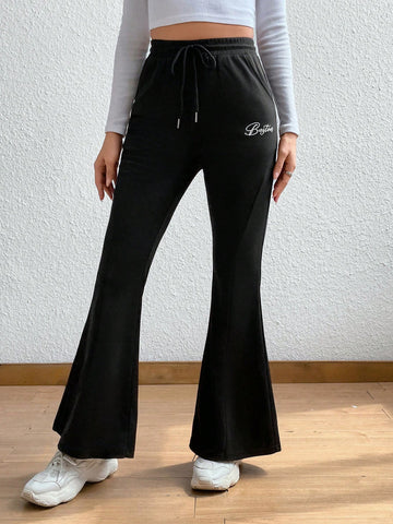 Qutie Letter Graphic Drawstring Waist Flare Leg Sweatpants
