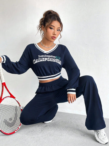 Letter Graphic Striped Trim Drop Shoulder Crop Sweatshirt & Sweatpants