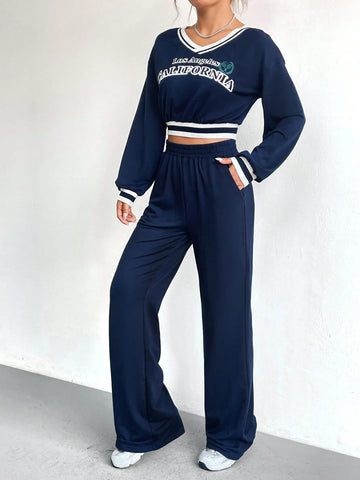 Letter Graphic Striped Trim Drop Shoulder Crop Sweatshirt & Sweatpants