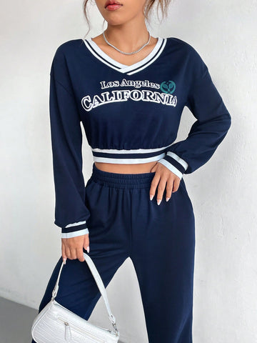 Letter Graphic Striped Trim Drop Shoulder Crop Sweatshirt & Sweatpants