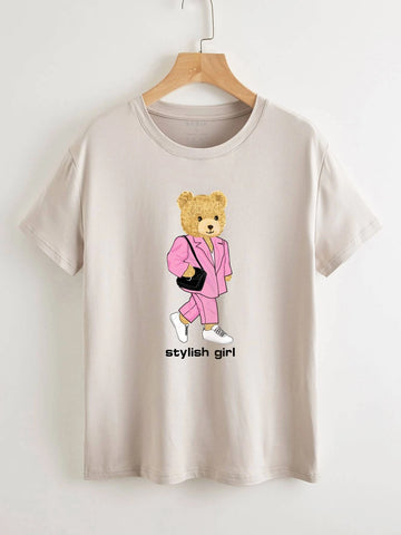 Qutie Letter & Bear Print Tee, Women Summer Daily T-Shirt