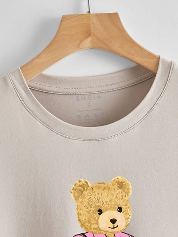 Qutie Letter & Bear Print Tee, Women Summer Daily T-Shirt
