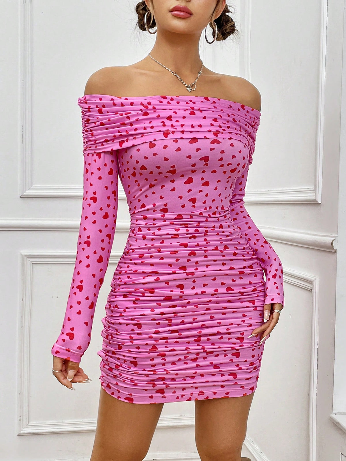 Off Shoulder Pink Heart Print Dress