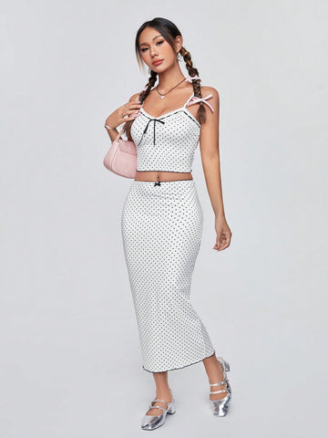 Polka Dot Print Cami Top And Skirt Set