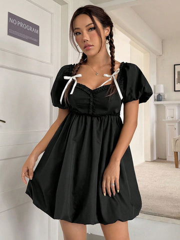 Puff Sleeve Dress With Ruffle Detail