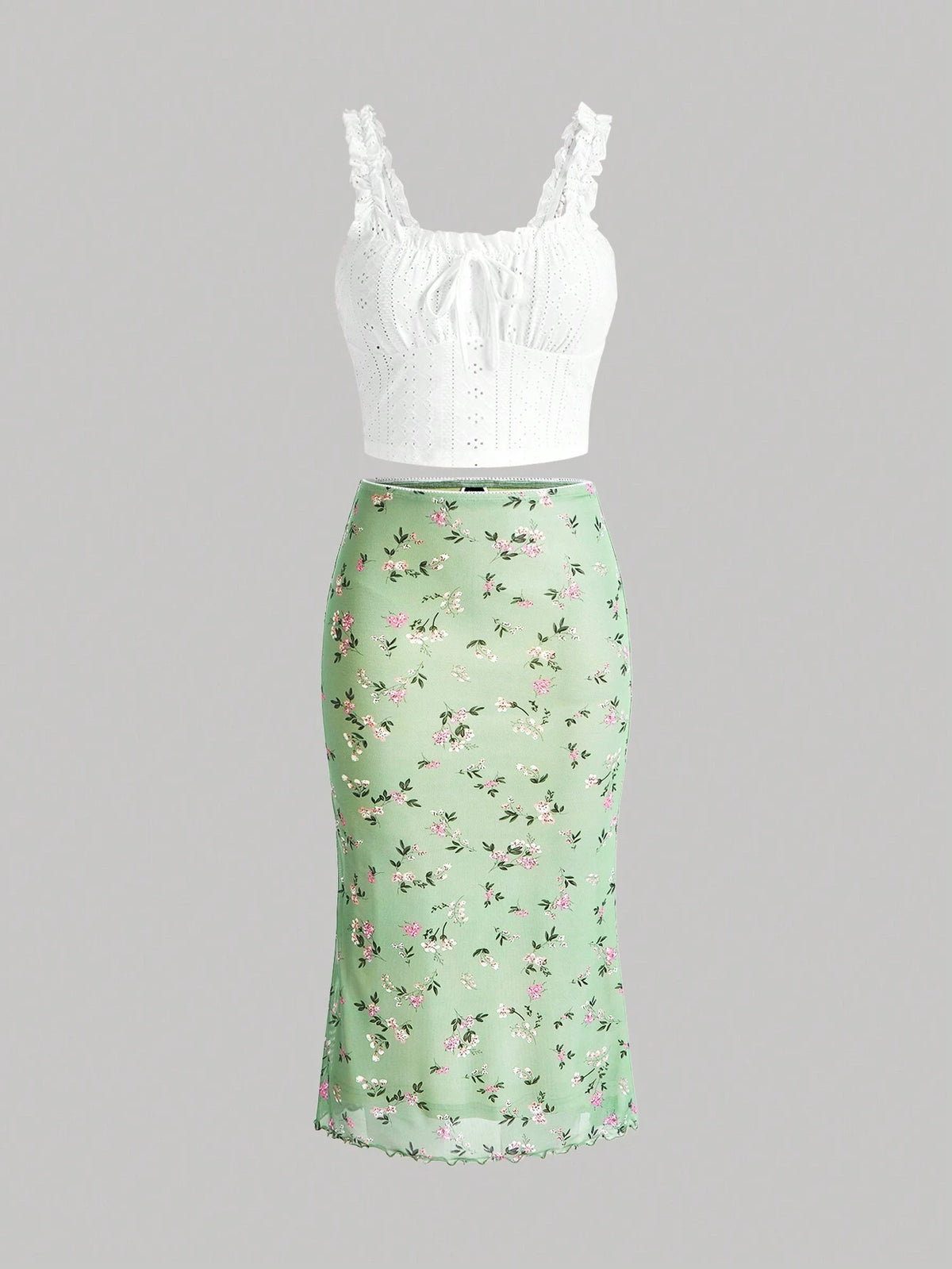 Ruffle Hem Two Piece Set Featuring White Vest And Green Floral Printed Skirt