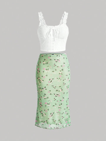 Ruffle Hem Two Piece Set Featuring White Vest And Green Floral Printed Skirt