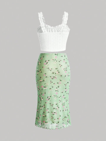 Ruffle Hem Two Piece Set Featuring White Vest And Green Floral Printed Skirt