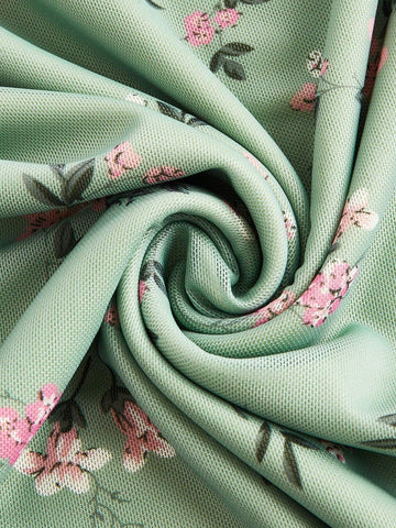 Ruffle Hem Two Piece Set Featuring White Vest And Green Floral Printed Skirt