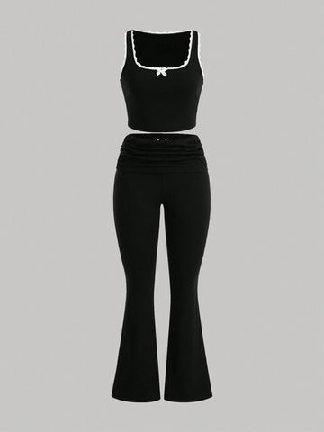 Sagittarius Sign Low-Waist Flare Pants And Color Block Lace Trim Cami Top Set