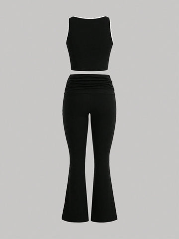 Sagittarius Sign Low-Waist Flare Pants And Color Block Lace Trim Cami Top Set