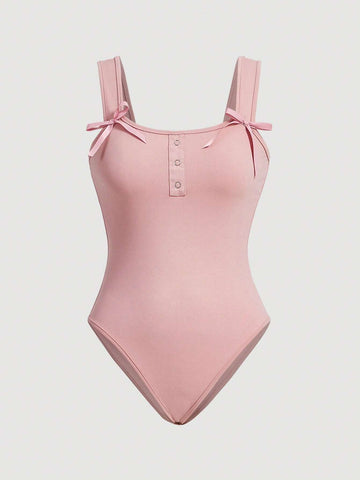 Solid Color Bow Decorated Sweet & Lovely Bodysuit