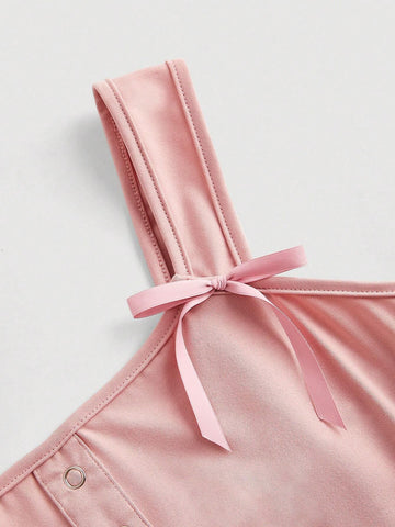 Solid Color Bow Decorated Sweet & Lovely Bodysuit