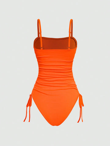 Solid Color Drawstring Side Cami Bodysuit