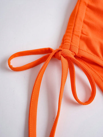 Solid Color Drawstring Side Cami Bodysuit