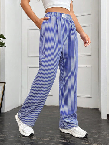 Qutie Striped Print Letter Patched Detail Pants