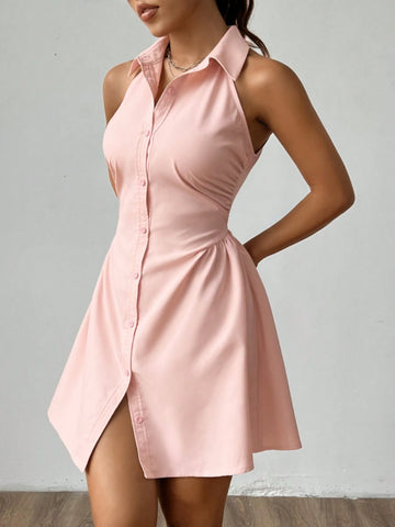 Summer Casual Solid Color Sleeveless Cinched Waist Button Front Shirt Dress