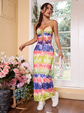 Tie-Dye Knotted Cami Top And Skirt Set For Women